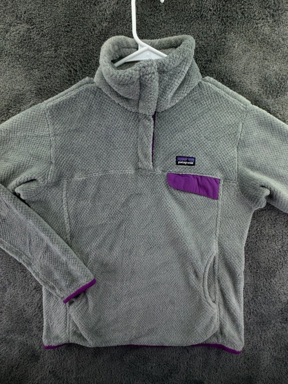 Patagonia Women Jacket Adult Gray Purple Medium W/ Pocket, Logo 1/4 Snap Soft